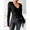 Women's Elegant V-neck Scalloped Neck Edge Solid Colour Long Sleeve Slim Slim Pullover Lace Top