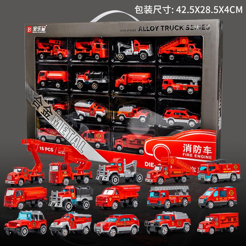 Kids Alloy Pull Back Engineering Vehicle Toy Set Fire Truck Excavator Gift For Boys