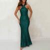Women Evening Dress Shiny Sequin Halter Neck Sleeveless Backless Slim Fit Sheath Off Shoulder Pure Color Ankle Length Party Prom Wedding Maxi Gown