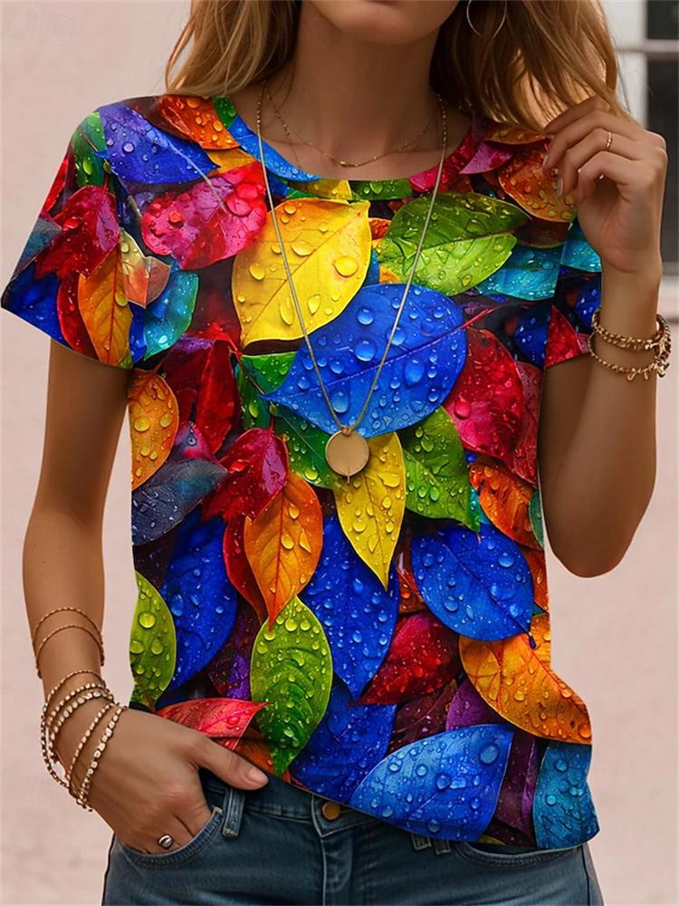 Women's Summer Fashion Casual T-Shirt 3D Floral Print Round-Neck Short-Sleeve Top Elegant and Chic Women's Short-Sleeve Top