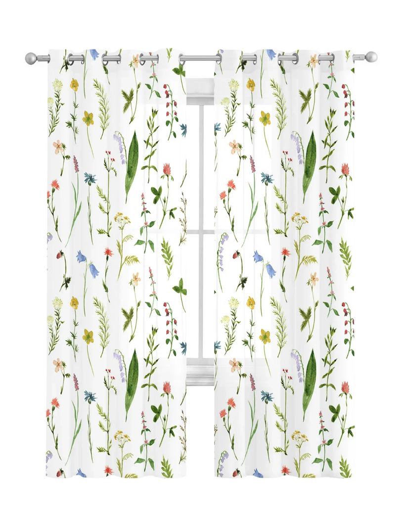 Watercolor Painting Flowers Leaves White Tulle Sheer Curtains for Living Room Bedroom Decor Window Curtain Voile Organza Drapes