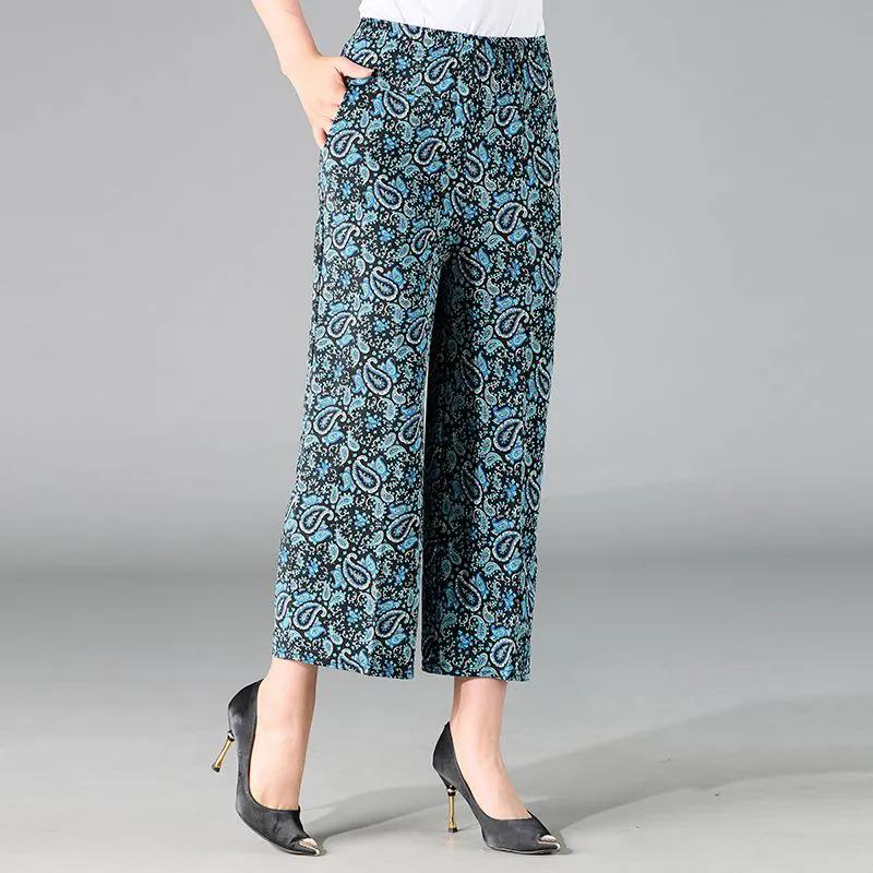 WTEMPO Женские брюки-клеш с широкими штанинами из шелка с принтом весна-лето, эластичные, с высокой талией, тонкие, свободные, укороченные брюки для мам