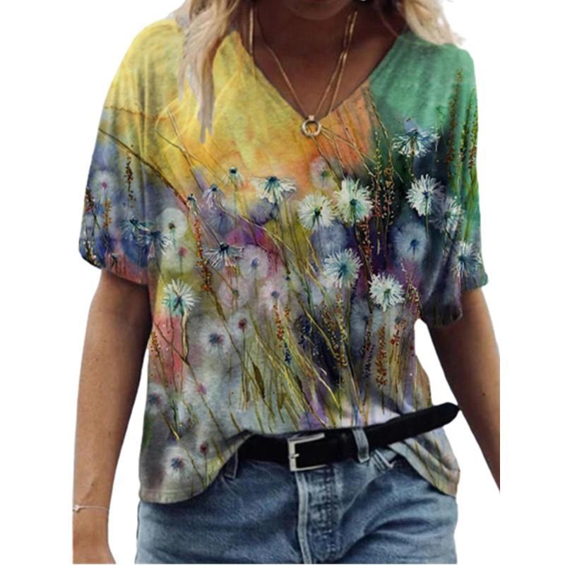 Women 3D Printed T Shirt Casual Summer Outfit Floral V Neck Tops Sportwear Short Sleeve T Shirts