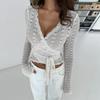 Bandage Hollow Out V-Neck T-shirt Top Women's Bandage Long Sleeve See-Through Sexy Casual Pullover Female Printed Tee Top