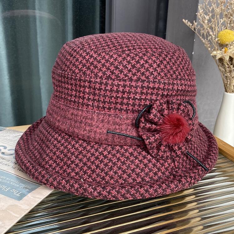 Mom hat ladies autumn and winter bucket hat versatile middle-aged and elderly basin hat casual travel curled woolen top hat