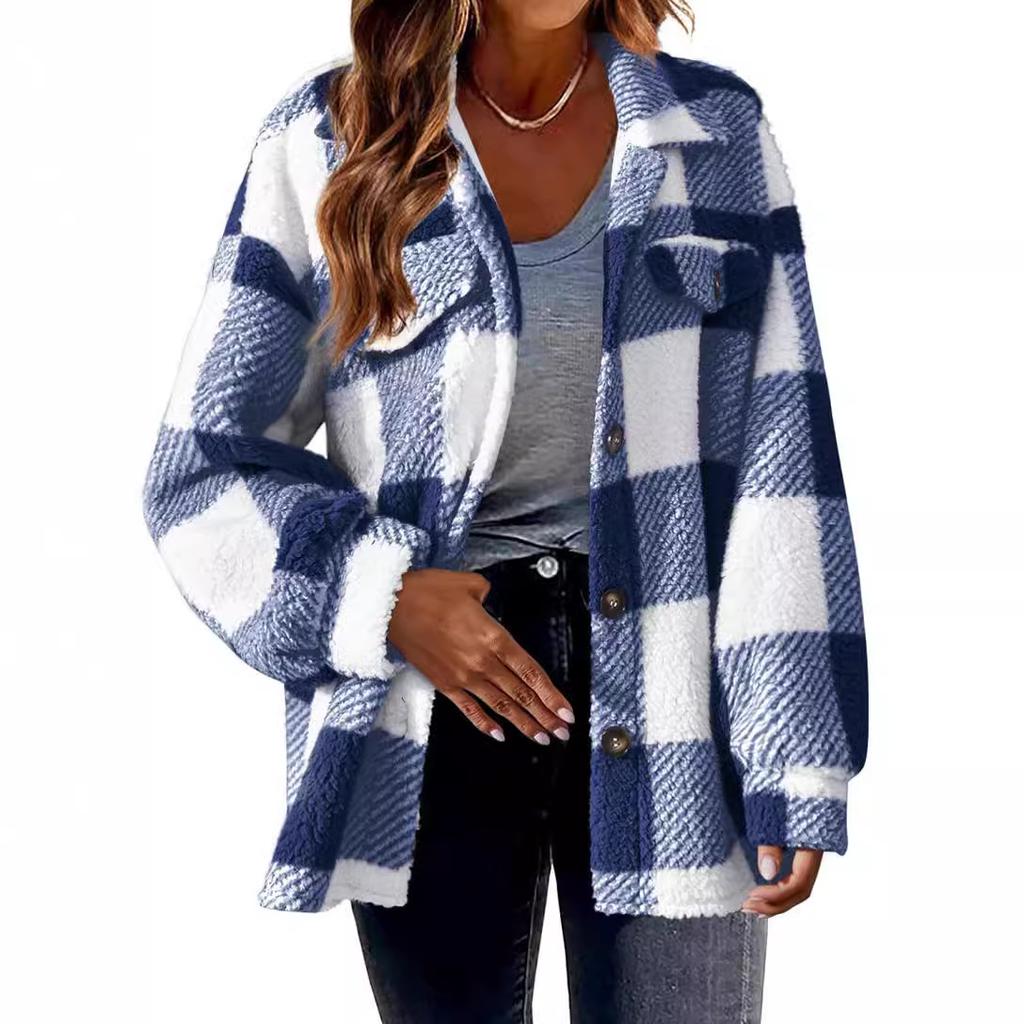 Autumn and Winter Women's Pocket Plaid Fleece Jacket Button Plush Coat