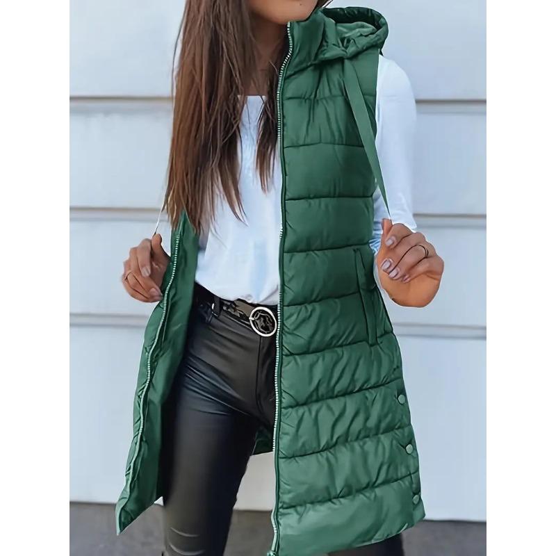 New Women's Coat Solid Color Medium and Long Vest Hooded Slim Sleeveless Coat Women