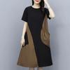 Летнее платье с коротким рукавом в стиле колор-блок, корейский стиль, большого размера, свободного кроя, стройнящее, с карманами
