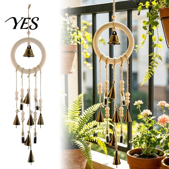 Handcrafted Vintage Style Decor Metal Wind Chimes with Bells And Wishing Bottle, Rustic Witch Hemp Rope Wood Ring, Bohemian Hanging Ornament
