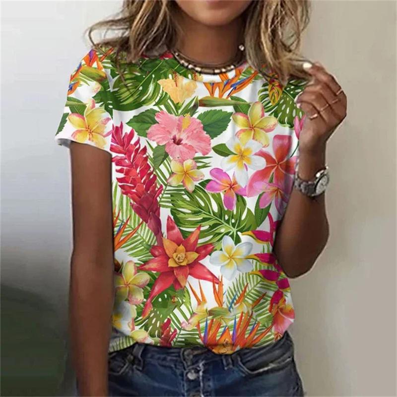 Модная женская футболка с 3D-цветочным принтом, повседневная, с круглым вырезом и коротким рукавом, летняя, свободного покроя, уличная одежда, футболки, блузки