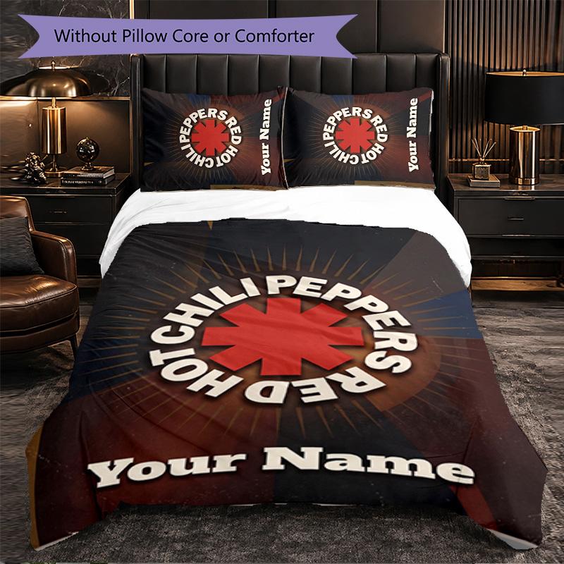 Red Hot Chili Peppers Customized Name Text Bedding Set, 1 Duvet Cover & 2 Pillowcases Personalized Bedroom Gift