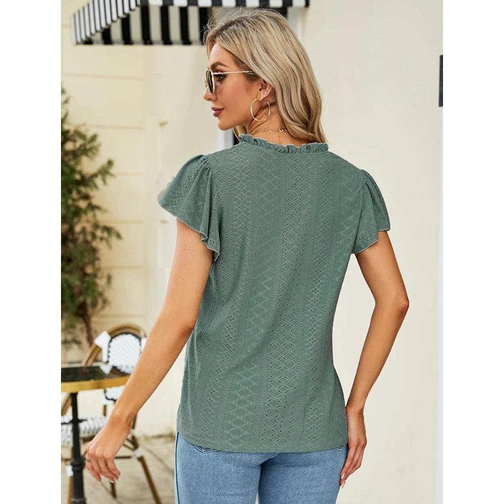 GMXIA Spring Summer Jacquard V-neck Pile Sleeve Short Sleeve T-shirt Top for Women