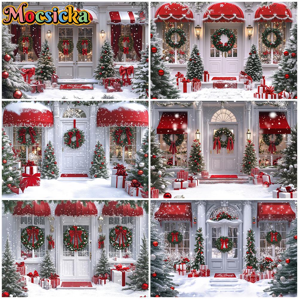 Mocsicka Рождественские Белый Дом Фон для Фотосъемки Снег Семейная Вечеринка Фото Фоны Красный Бант Зеленый Венок Украшения для Елки Баннер