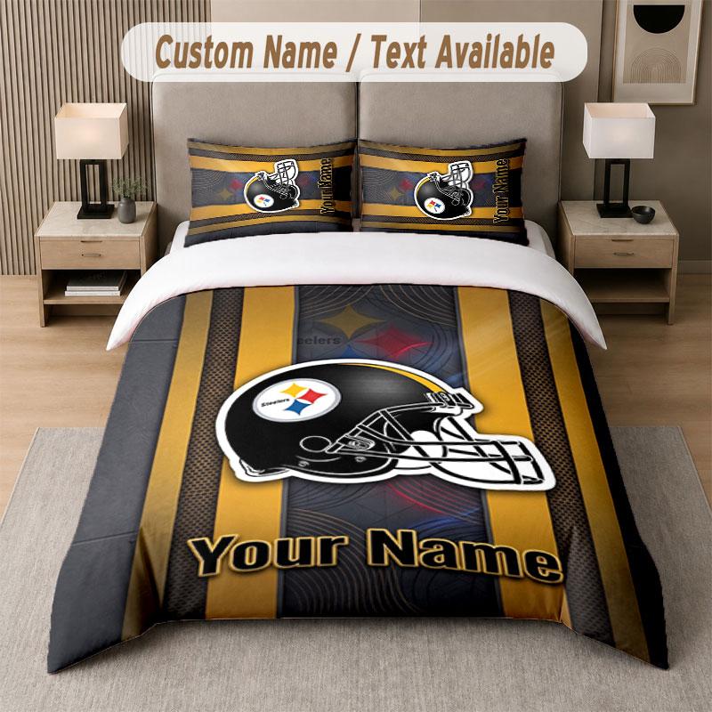 Custom Bedding Set Pittsburgh Steelers Pattern, Print Name Text 1 Duvet Cover plus 2 Pillowcases Home Textile