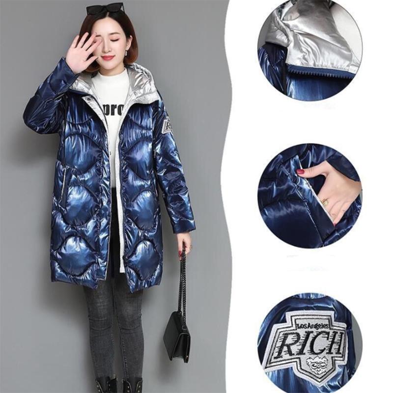 Женское зимнее корейское свободное стеганое пальто, теплая куртка-парка с воротником-стойкой, женская глянцевая куртка средней длины