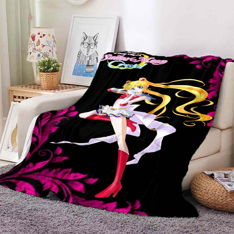 HD S-Sailor M-Moon Flannel Throw Blanket 3D Cartoon Print Soft Warm Lightweight Sofa Bed Cover Girls Bedroom Travel Decor Gift
