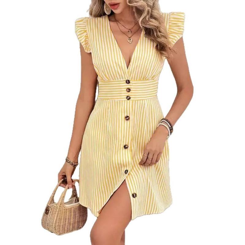 Женское платье с V-образным вырезом и полосатой талией, платье-рубашка, лето-осень