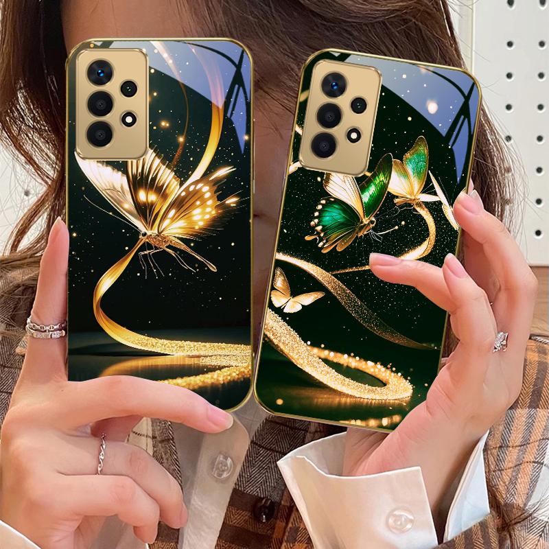 Извивающееся золотое сияние Для Samsung A 01 52S A04 A05S A10 A12 13 22 23 24 36 42 M02 Note 10 20Ultra 8 9 Золотой стеклянный чехол для телефона