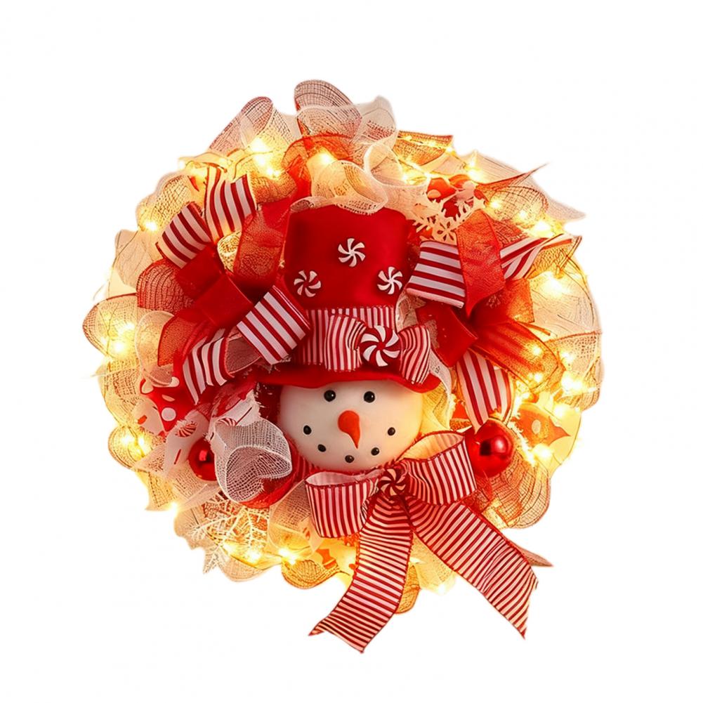 Christmas Wreath with Lights Candy Cane Wreath Festive Snowman Wreath with Light Up Mesh Ribbon Candy for Christmas Wall Decor