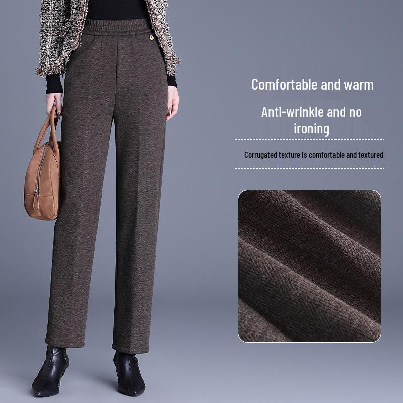 Women's Fleece-Lined Elastic Waist High-Waist Loose Straight-Leg Pants for Spring and Autumn