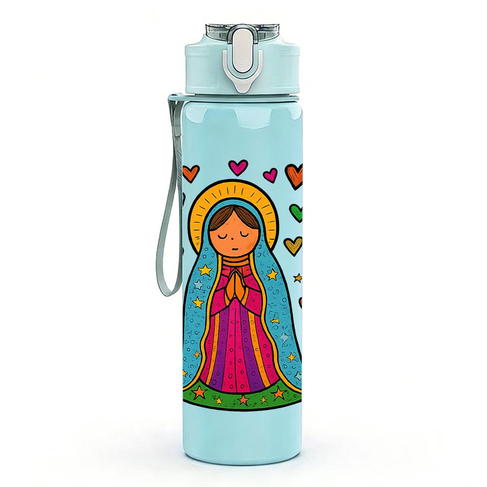 1PC Virgin Mary Heart Floral Frame 750ml Color Plastic Sports Water Bottle Leakproof Flip Straw Lid For Sports Office Home Use