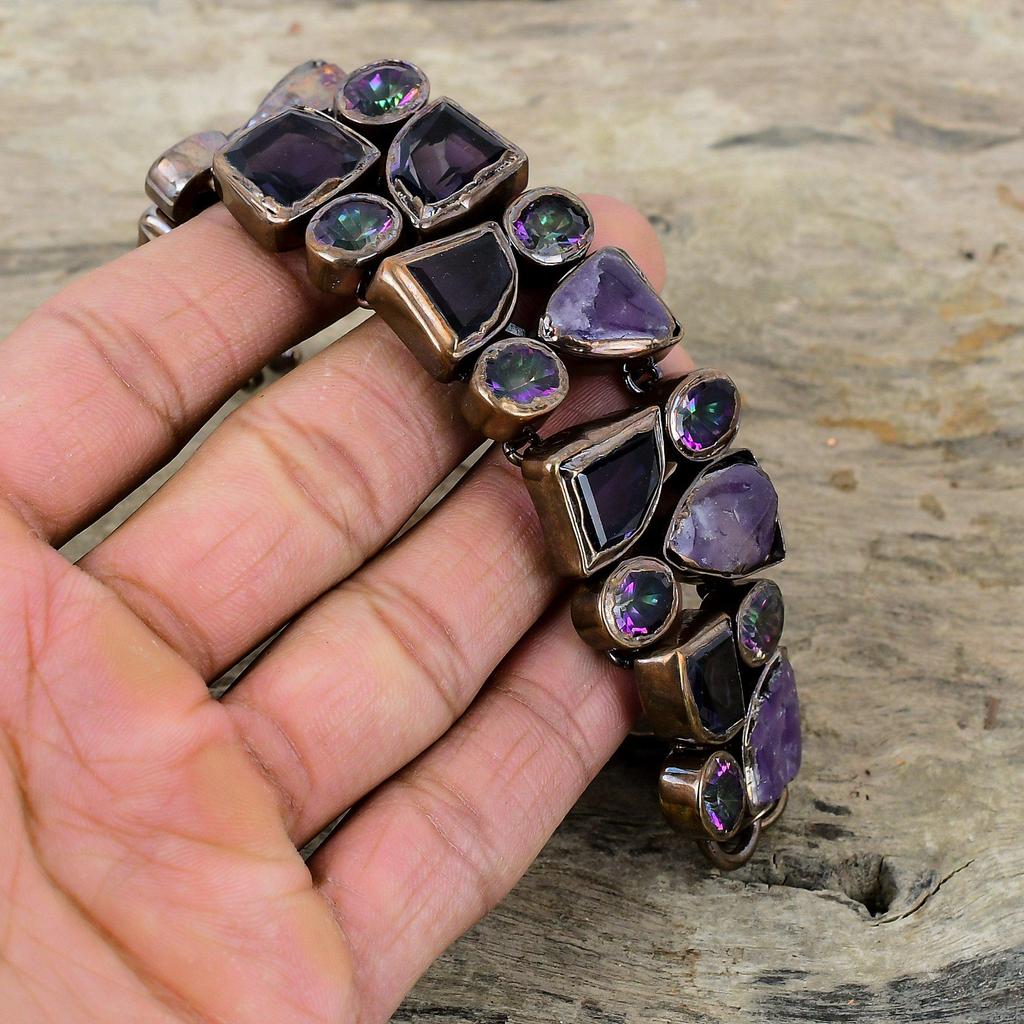 Браслет с граненым африканским аметистом, браслет из гальванизированной меди, регулируемый браслет-цепочка, Радужный мистический топаз, драгоценный камень, ювелирные изделия, свадебный подарок