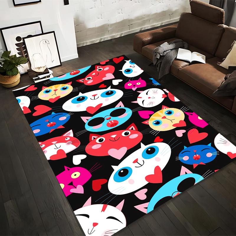 Colorful Cartoon Cats and Hearts Pattern on Black Background for Cute Decorative Carpet Suitable for use as an anti-slip1 for1room and bedroom sofas
