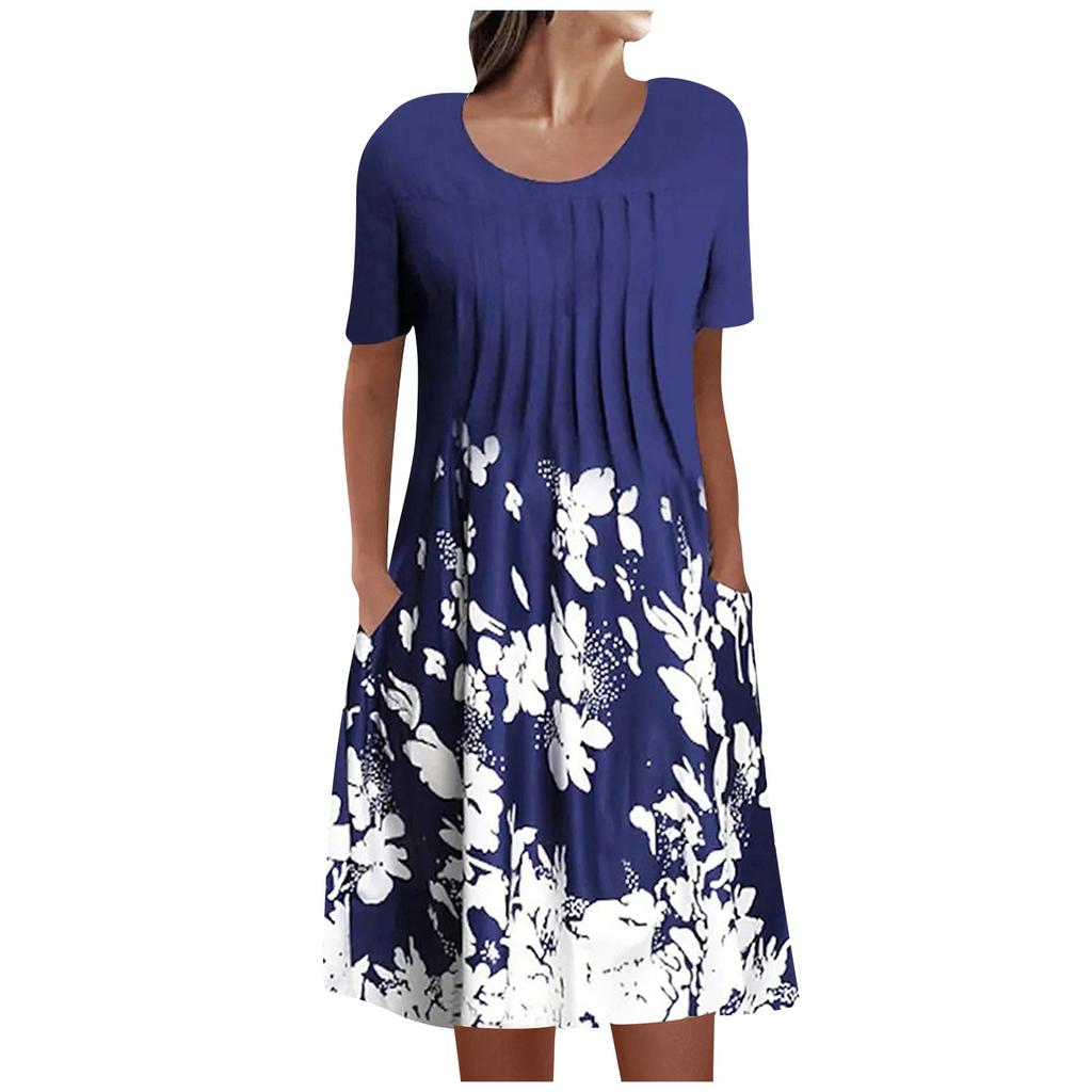 Женское летнее повседневное модное свободное платье с круглым вырезом и коротким рукавом с принтом
