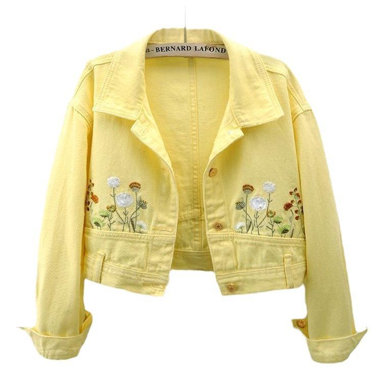 Шикарная цветочная вышивка укороченные джинсовые пальто женские лацканы с длинным рукавом однобортные джинсовые куртки винтажная уличная женская верхняя одежда