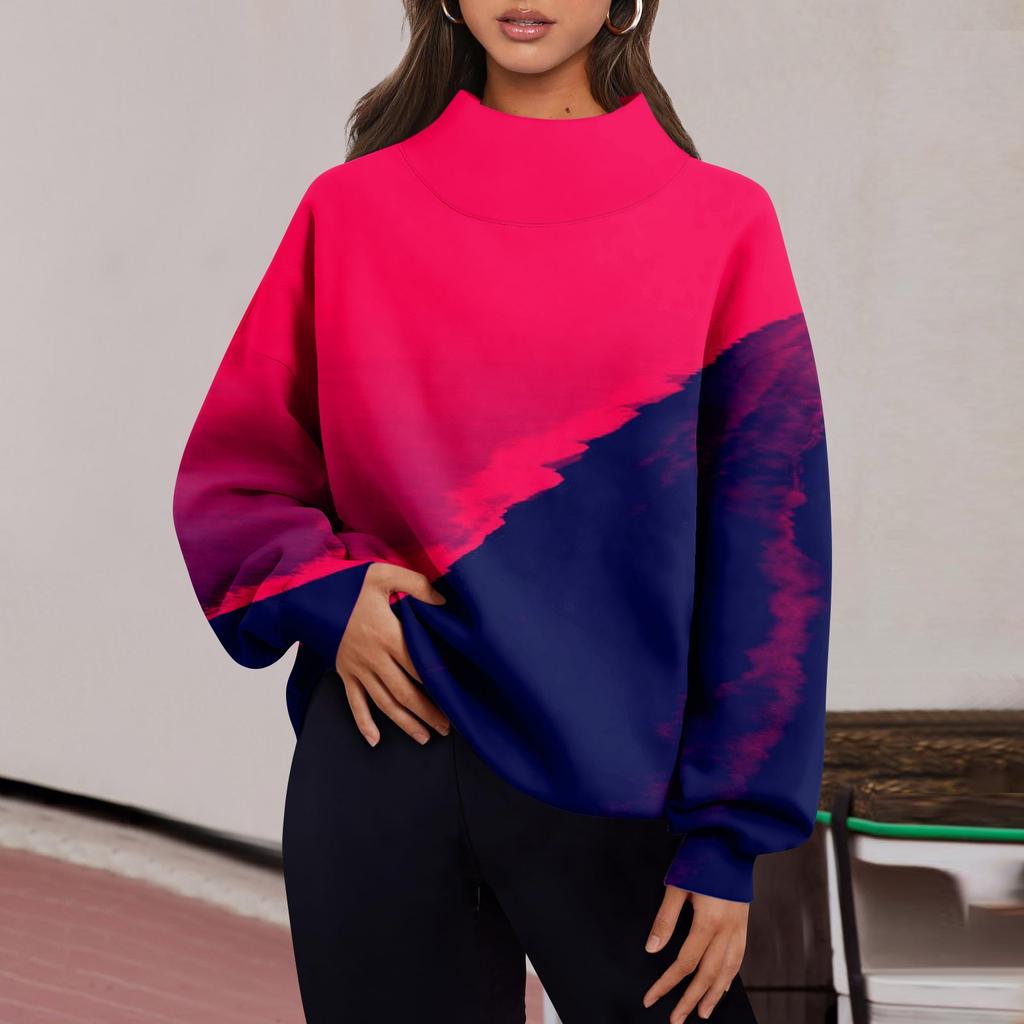 Женская мода с принтом и длинными рукавами, свободная полуводолазка с разрезом, толстовка, топ