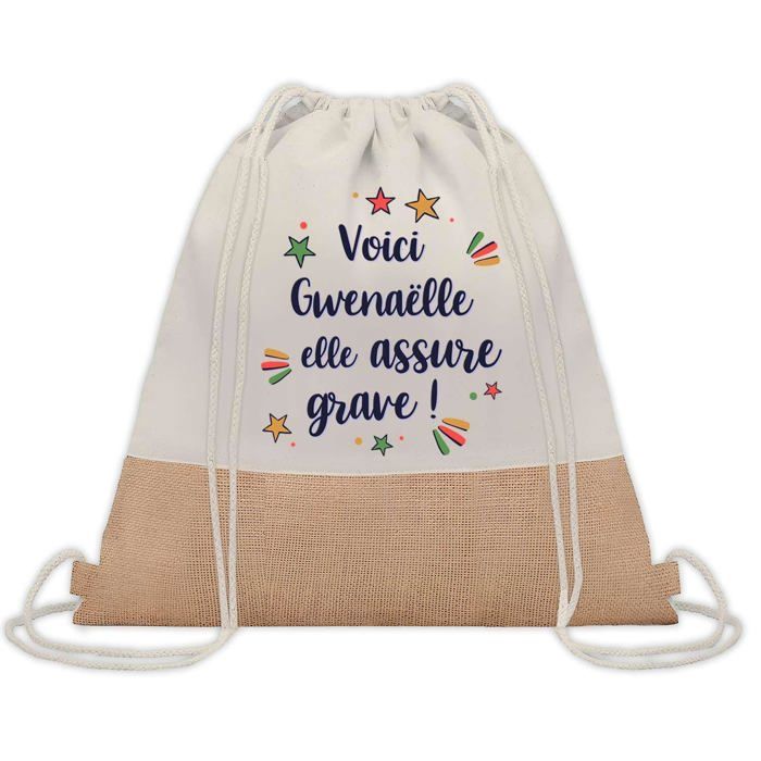 Sac cabas - PLANETEE - Gwenaëlle elle assure grave! - Jute naturel - Imprimé en France - Anses solides