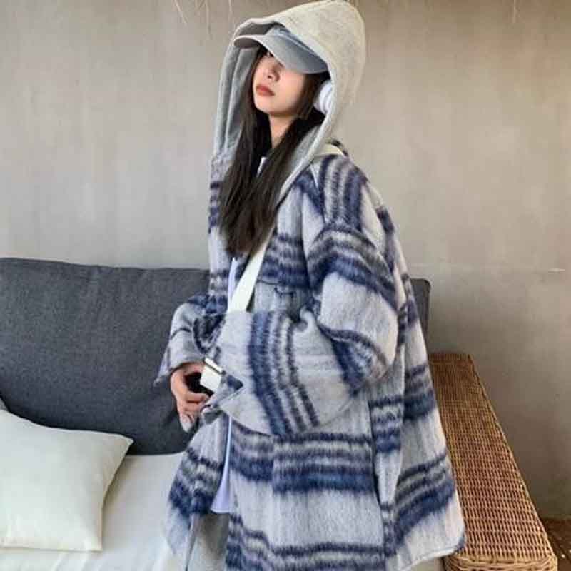 Autumn Artificial Wool Hooded Jacket Women Retro Korean Loose Stripes Casual Tops Harajuku Preppy All-Match Blends Outwear