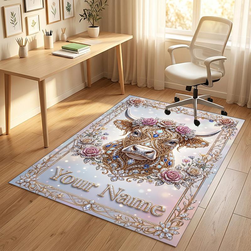 Cow Highland Theme Crystal Velvet Rug Personalized Custom Name Text Soft Floor Mat Home Decor