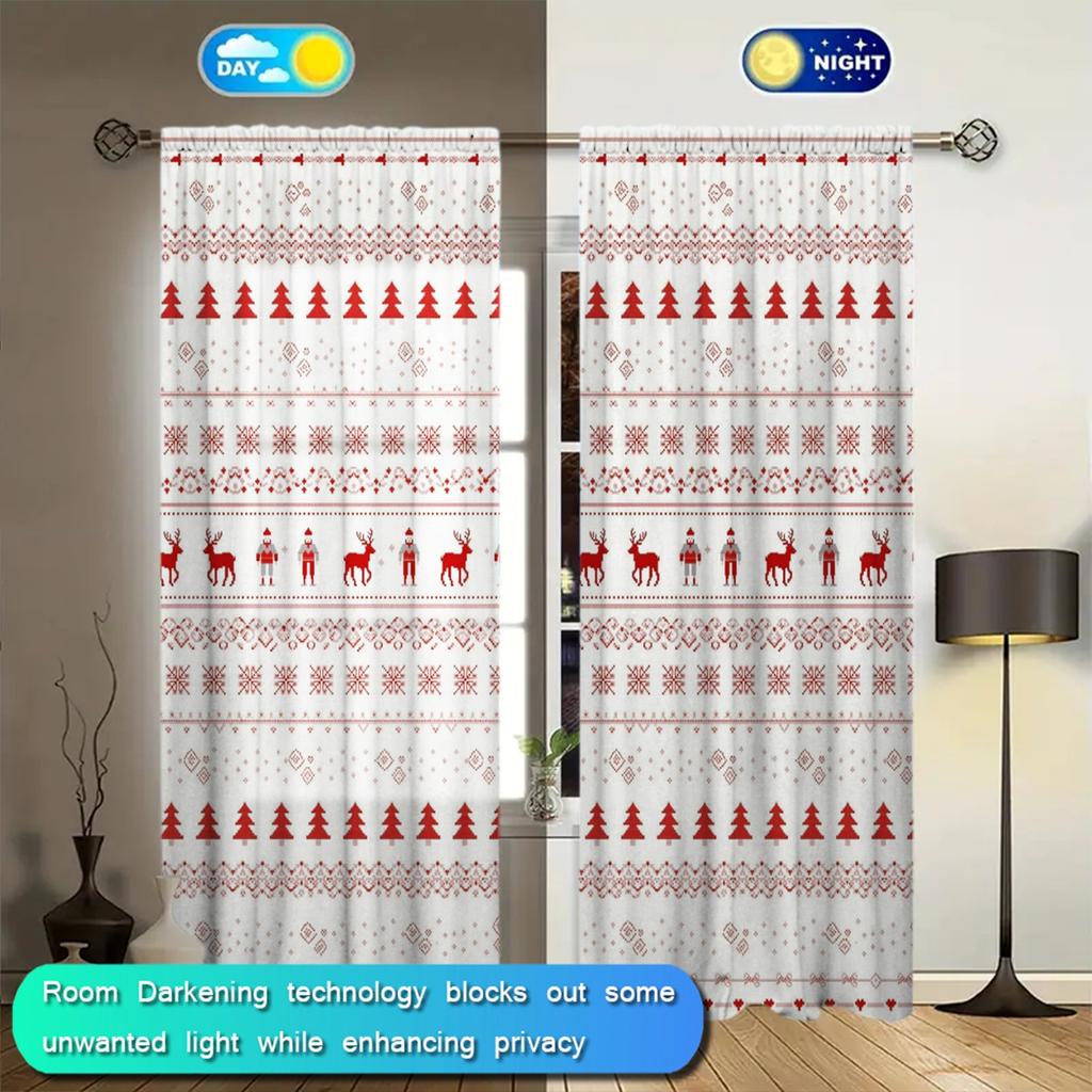 2pcs Christmas Deer Forest Pattern Printed Curtain for Home Decor - Rod Pocket Window Treatment for Bedroom Office Kitchen