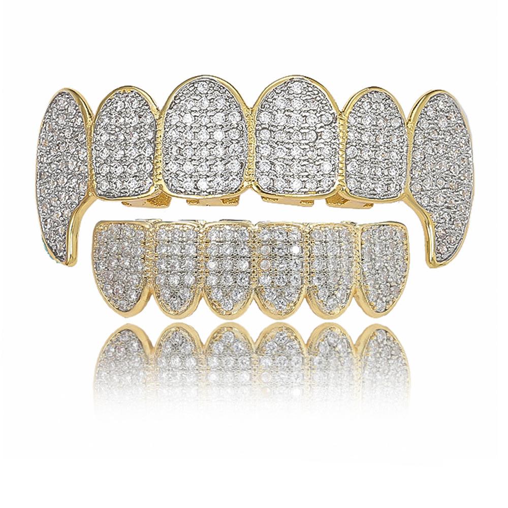 Iced Out 5A CZ Brass Fang Grillz 6 Upper 6 Lower Teeth Grills Hip Hop Party Jewelry Halloween Cosplay Vampire