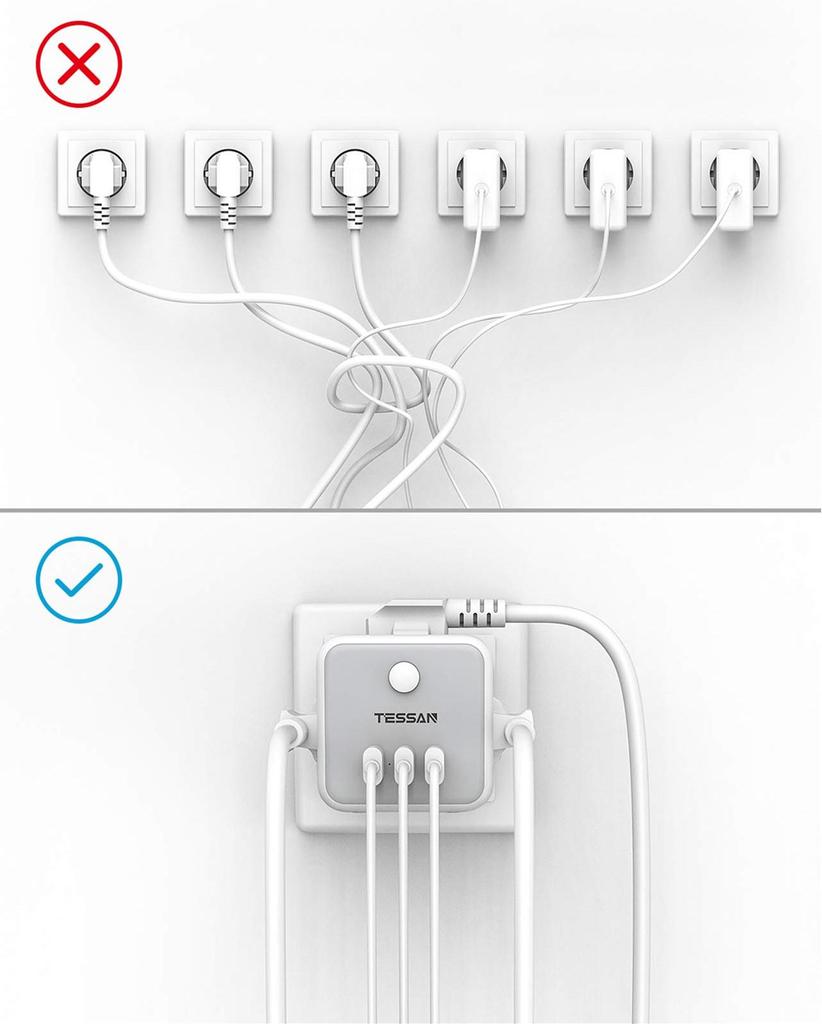 Tessan Серый/белый/черный адаптер питания с вилкой европейского стандарта с переключателем, 3 розетками и 3 портами USB, удлинитель с несколькими розетками европейского стандарта для дома, офиса, путешествий