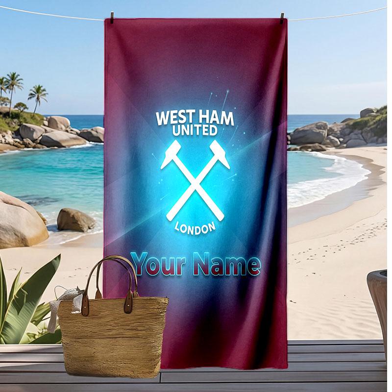 West Ham United FC Personalized Printed Beach Towel Soccer Logo Support Custom Name Text Absorbent Towel For Sport Travel Special Gift