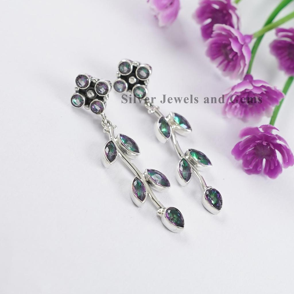 Mystic Topaz 925 Sterling Silver Dangle Stud Earrings, Handmade Floral Vine Design
