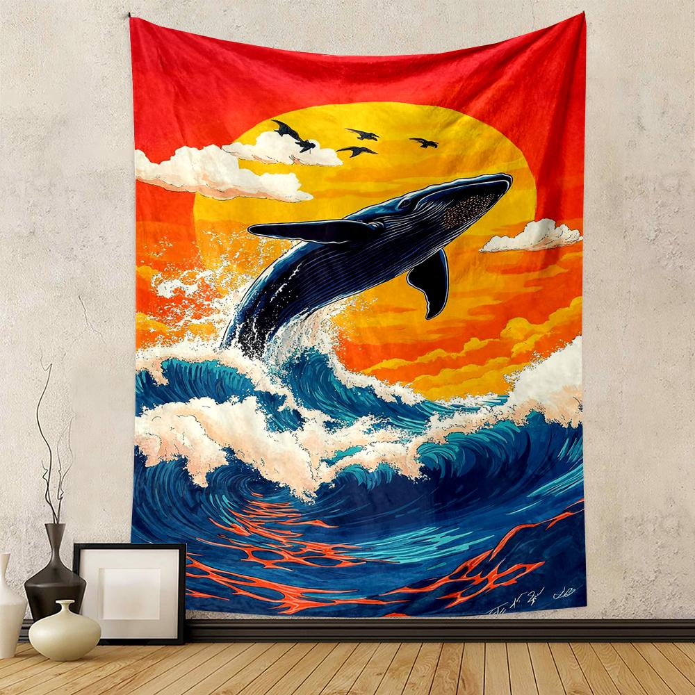 Whale Jumping in Sunset Ocean Art Patterned tapestry for bedroom and living room home decor