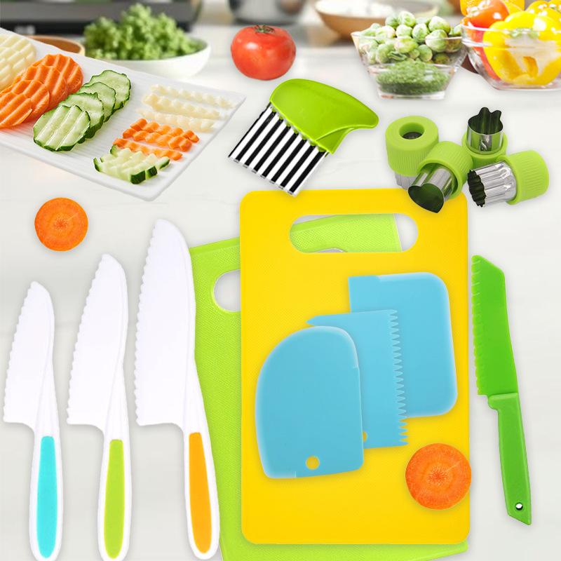 17PCS Kids Kitchen Playset Toddler Safe Plastic Knife Set Toy Cutlery Cutting Board Play Food Pretend Cooking Utensils Gift for Boys Girls