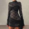 Sexy Lace Long Sleeve Dress Slim Fit High Neck See Through Bodycon Mini Women
