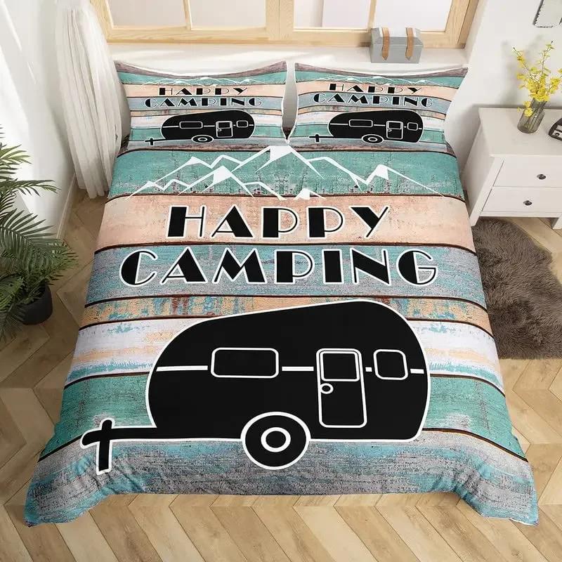 Camper Bedding Set Kids Happy Camping Duvet Cover Set Microfiber Rv Camping Quilt Cover Camper Accessories For Travel Trailers