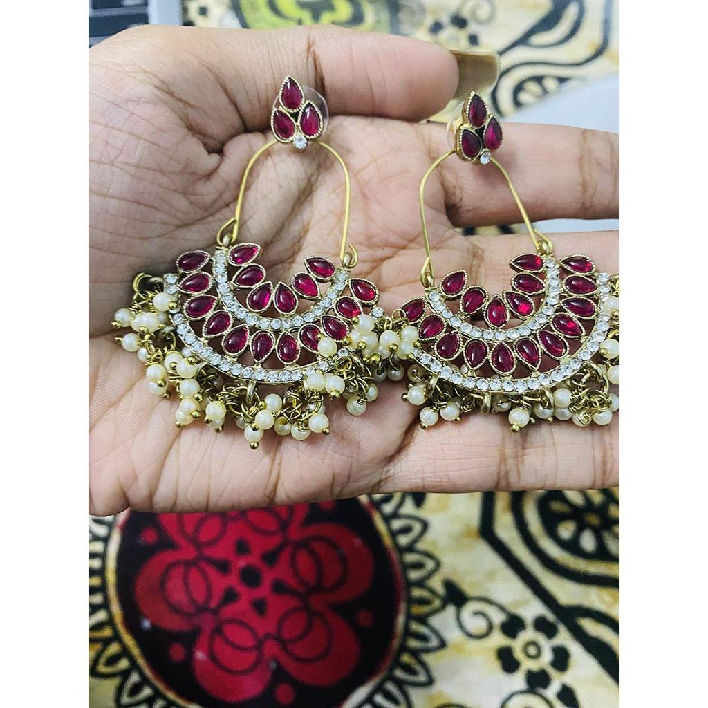 Pink Kundan Austrian Diamonds & Beads Dangle Ethnic Earrings For Women