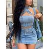 Lady Hollow Out Denim Mini Skirt Outfit Set Sexy Women Elegant Two Pieces Jeans Club Matching Set Top+Cargo Skirt