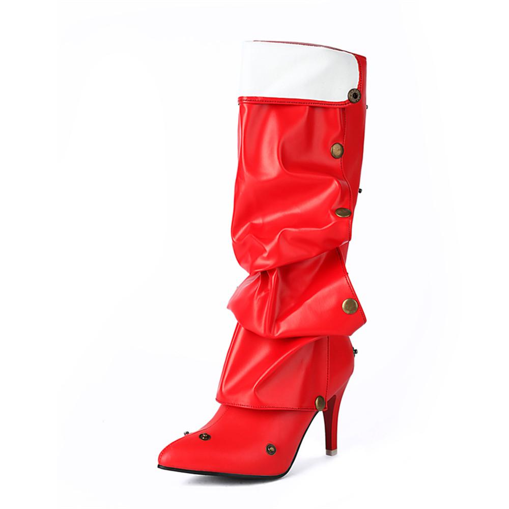 Модные женские ботфорты выше колена на высоком каблуке из ПУ кожи однотонные с острым носком на шпильке слипоны с заклепками складные женские ботильоны крутые ботинки