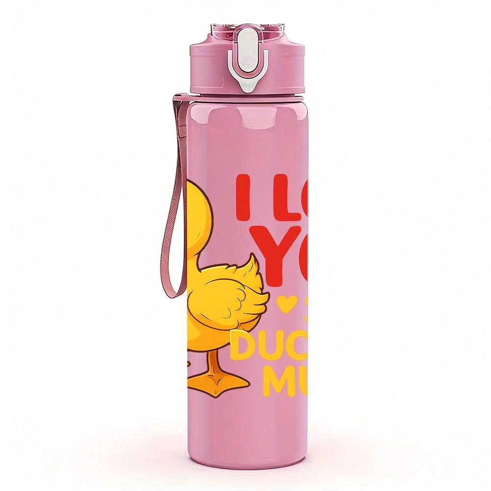 1PC Cute Yellow Duck Text Pattern 750ml Color Plastic Sports Water Bottle Leakproof Flip Straw Lid Suitable for Sports Office Home Use