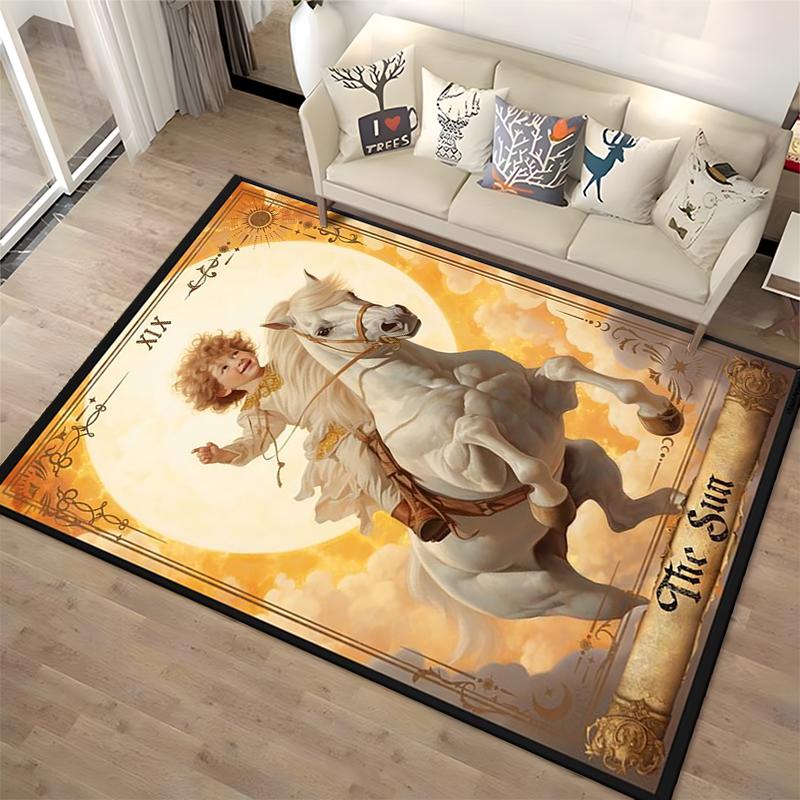 Tarot Style Carpet The Sun Card Child Riding Horse Golden Design Suitable for use as an anti-slip for living room bedroom sofas