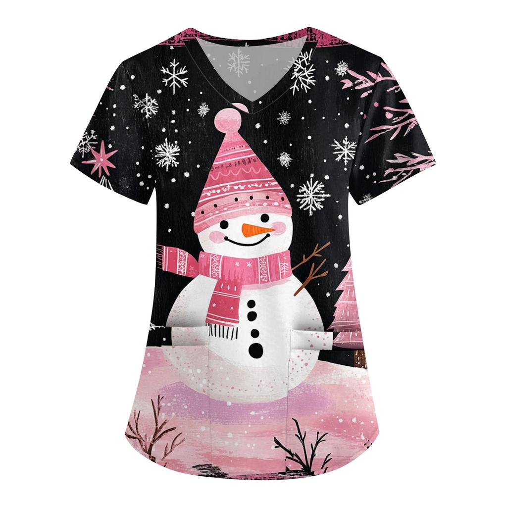 Женская симпатичная рабочая одежда с принтом, V-образным вырезом, двухслойными карманами, базовым коротким рукавом, пуловером на Рождество