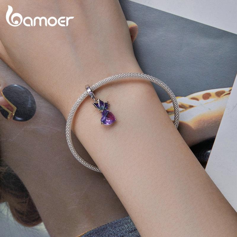BAMOER стерлингового серебра 925 пробы градиент фиолетовый бабочка подвеска из бисера сердце подвески для женщин браслет и ожерелье DIY