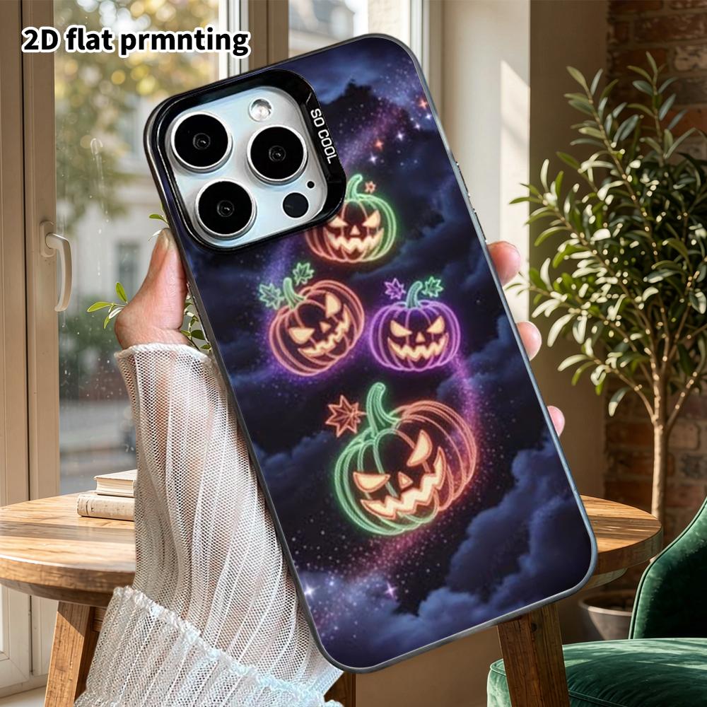 Phone Case: 2D flat design, suitable for iPhone 18 17 16 15 14 13Pro in color silver protective case, couple style, neon line pumpkin, Christmas and H